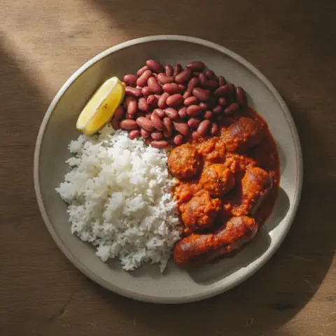 Rougail saucisse accompagné de riz blanc et de grains