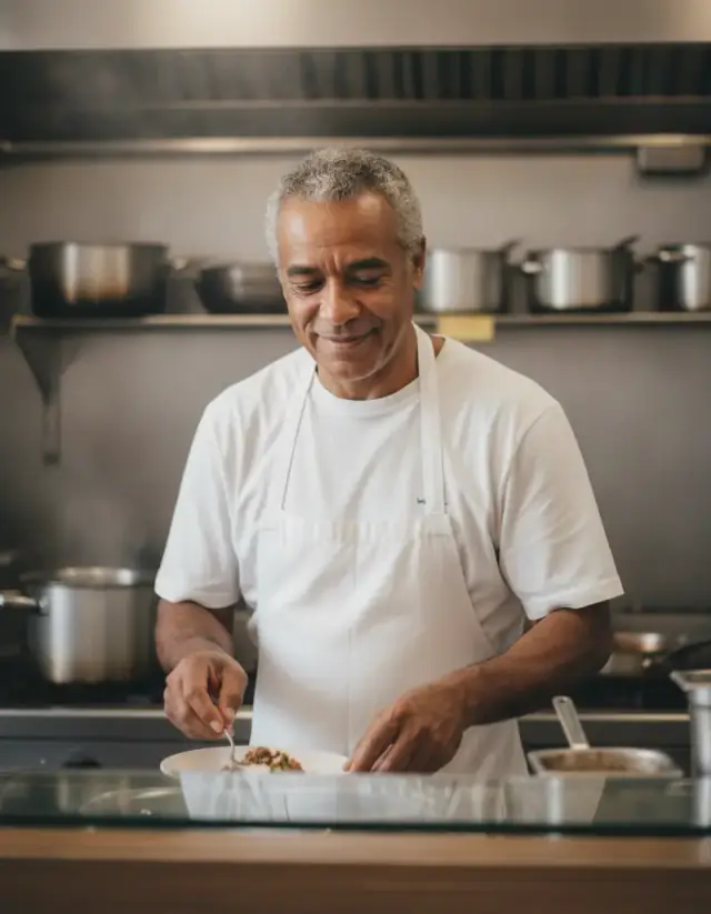 Momo, le cuisinier, dresse une assiette derrière le passe de sa cuisine