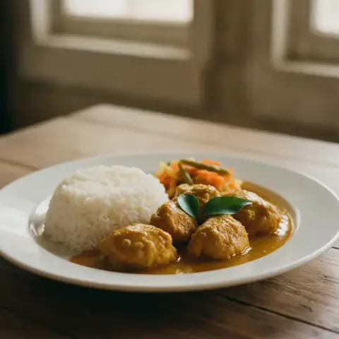 Cari de poulet au curcuma servi avec du riz et des achards de légumes