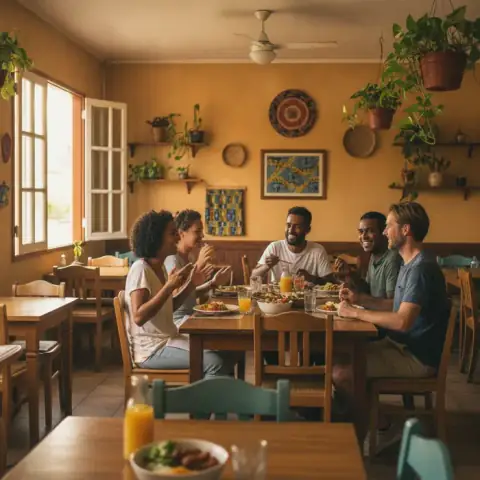 La petite salle du restaurant, tables en bois dressées et clients attablés