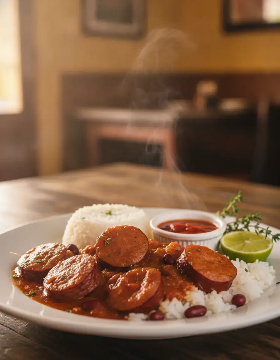 Assiette de rougail saucisse servie avec du riz et des grains sur une table du restaurant